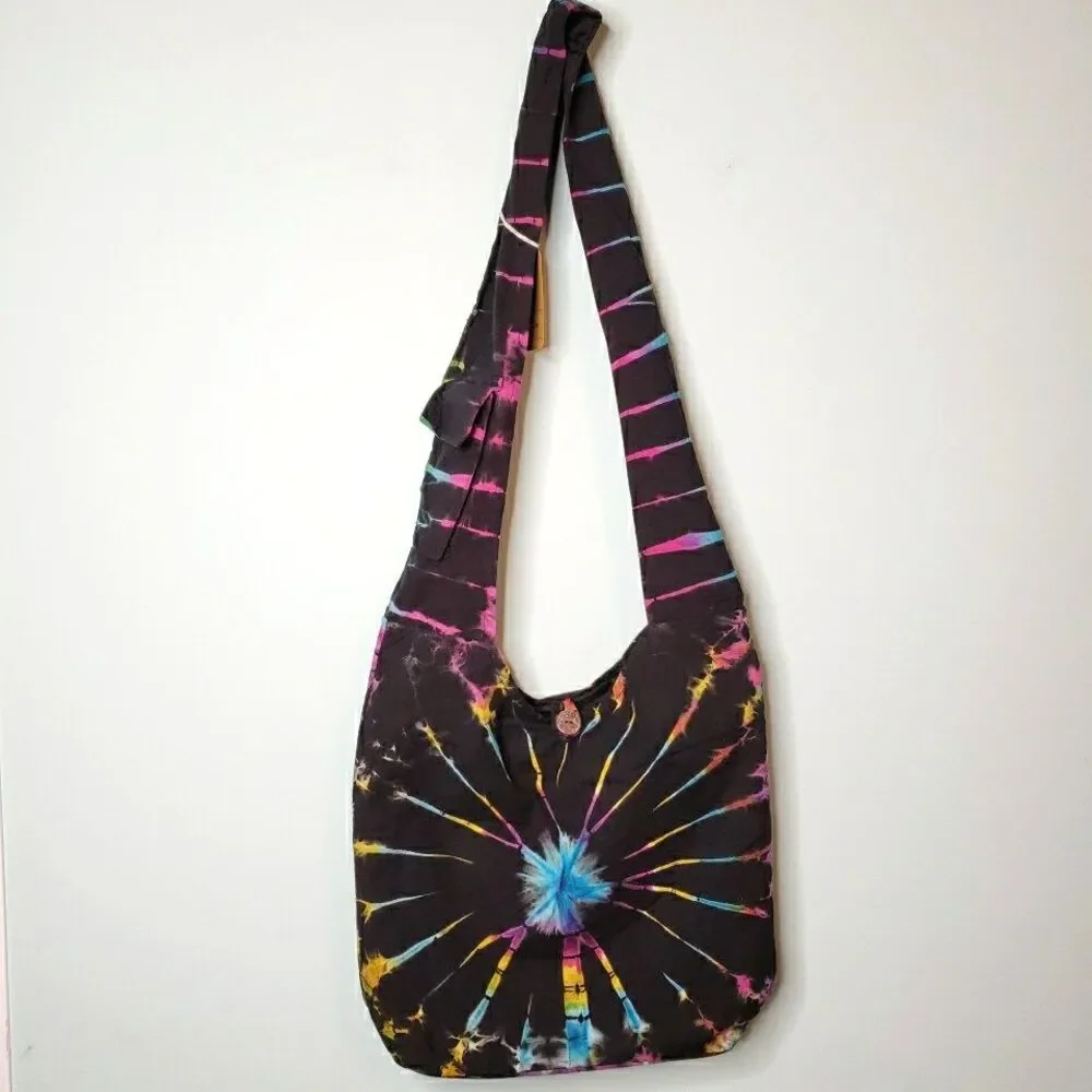 Tie Dye Crossbody Hobo Bag Rainbow Spiral Fabric Festival Purse Handmade Nepal - Picture 2 of 13